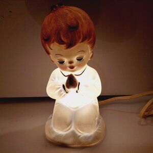 Lefton Praying Baby Boy Nightlight Blue Ceramic Figurine 6.5" Tall Vintage Lamp